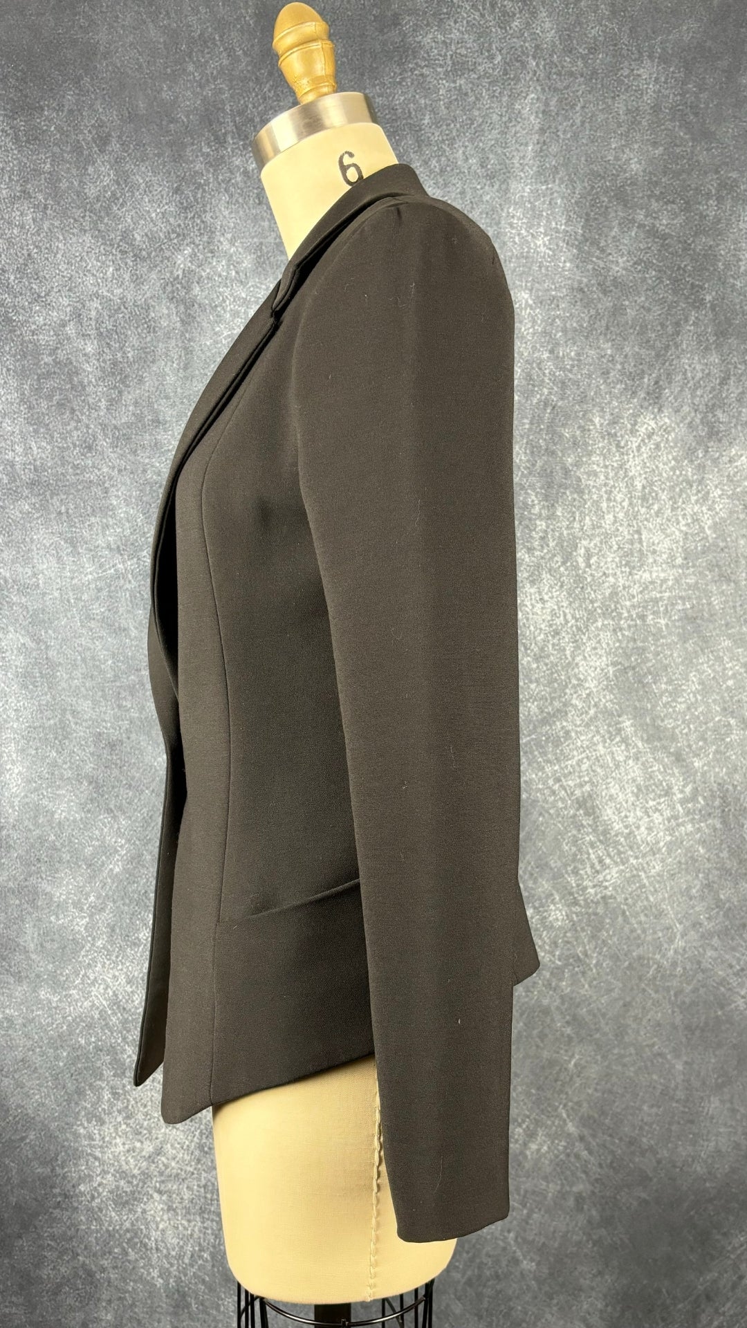Blazer noir cintré dos plissé magnifique Eve Gravel, taille xs. Vue de côté.