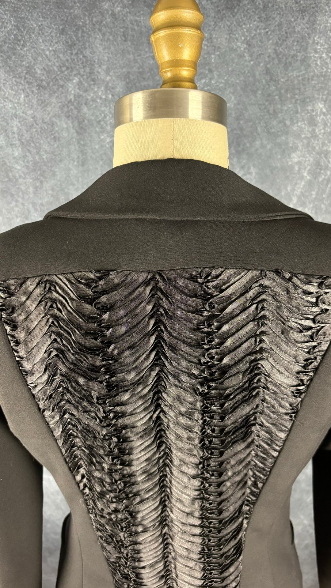 Blazer noir cintré dos plissé magnifique Eve Gravel, taille xs. Vue de près du haut du dos.