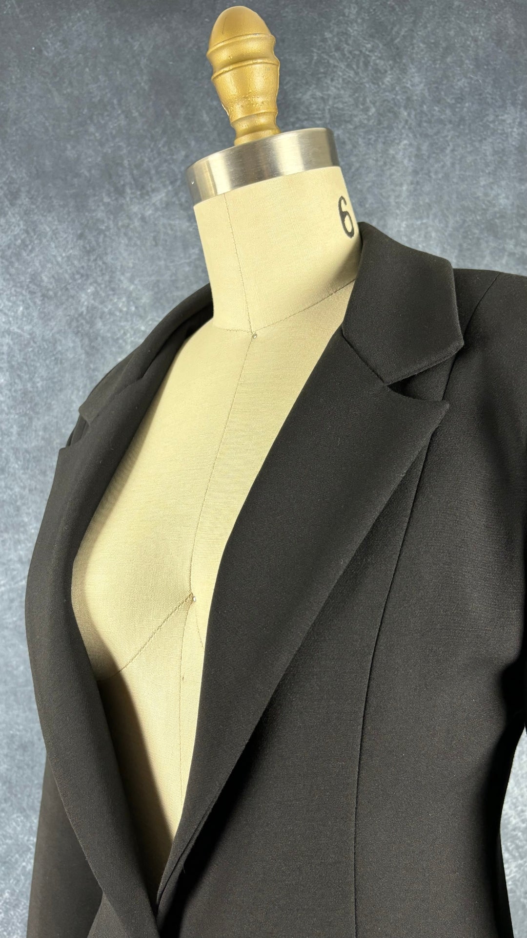 Blazer noir cintré dos plissé magnifique Eve Gravel, taille xs. Vue de l'encolure.