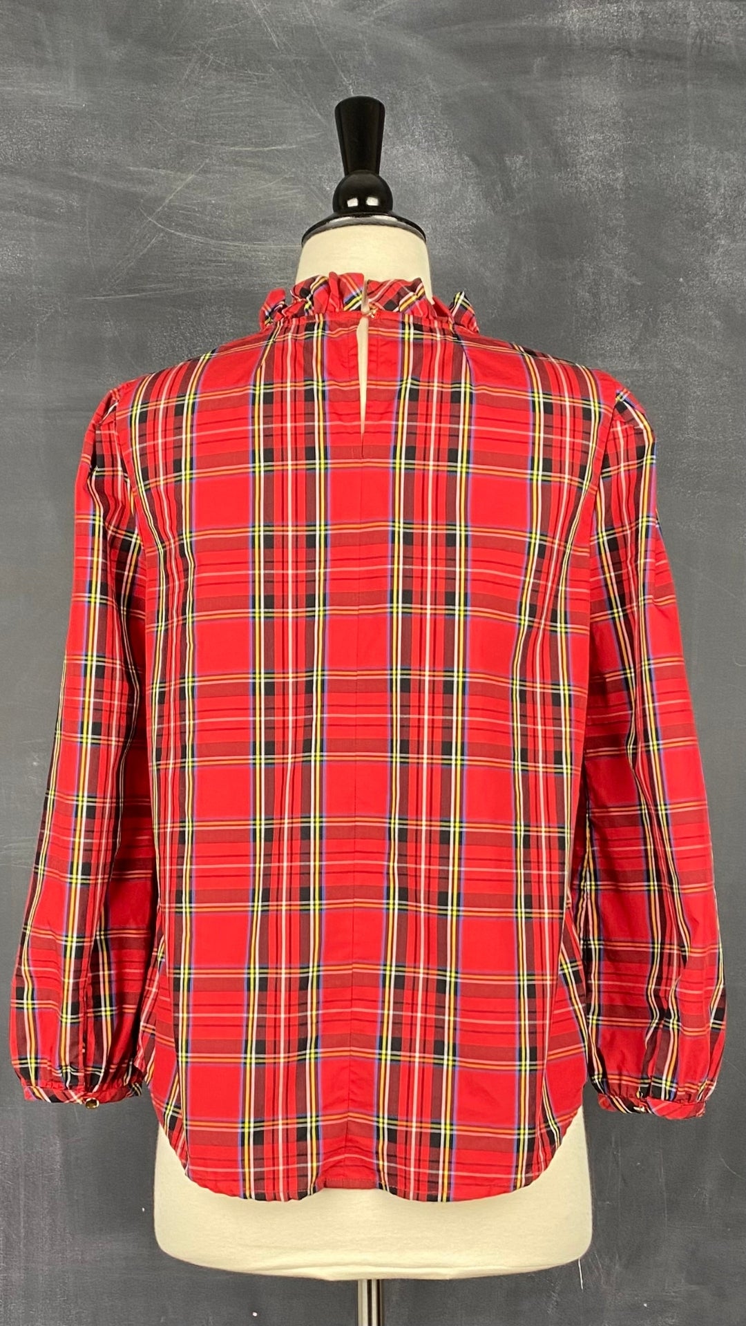 Blouse en coton tartan col montant J. Crew, taille xs (s). Vue de dos.