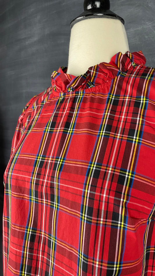 Blouse en coton tartan col montant J. Crew, taille xs (s). Vue de l'encolure.