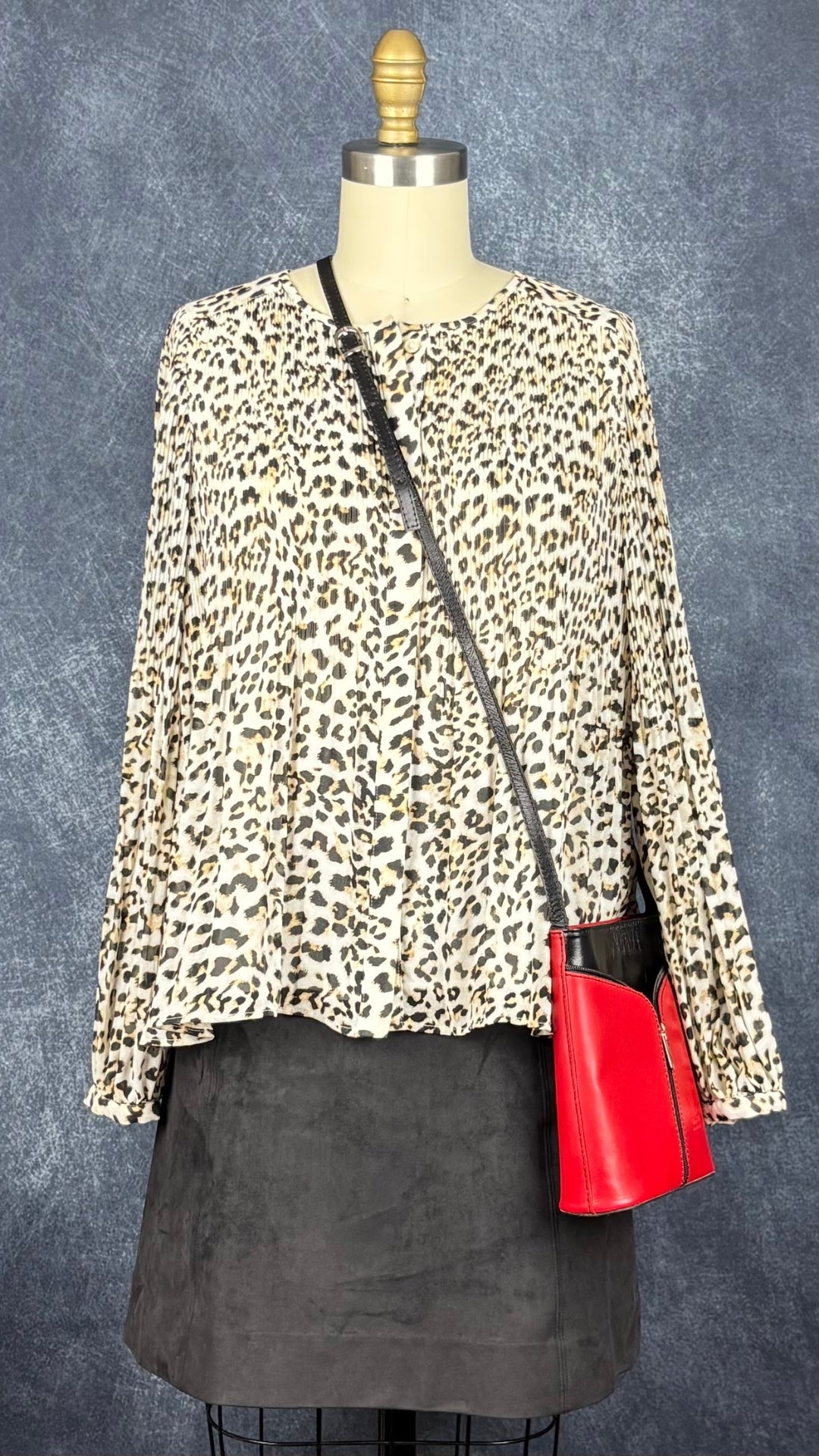 Blouse plissée à motif léopard Banana Republic, taille small. Vue de l'agencement avec la jupe suèdée noire et le sac à main rouge et noir.