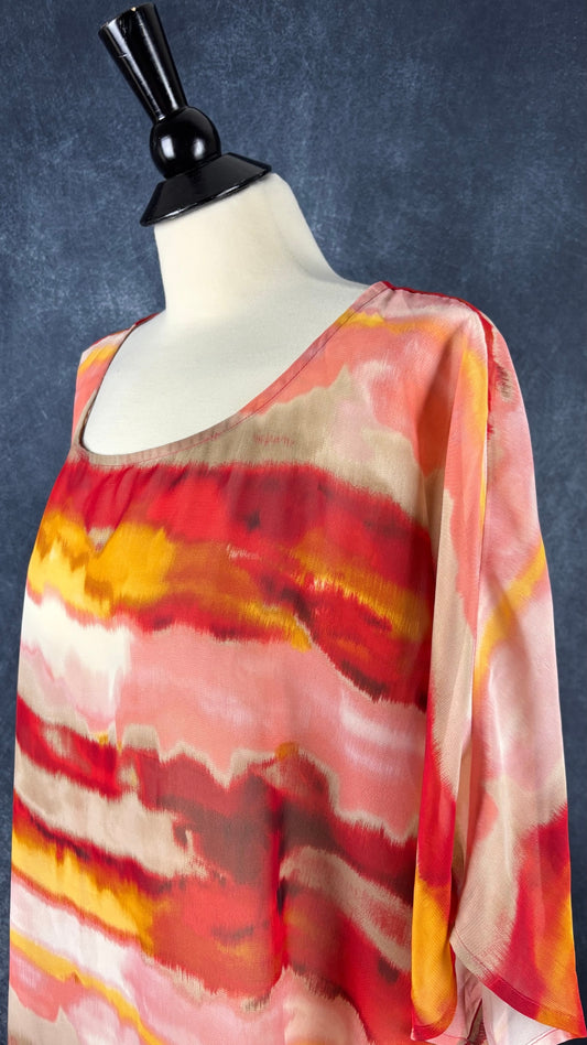 Chandail coloré diaphane ample Jones & Co., taille 18w qui correspond environ à xl ou xxl (selon l'ampleur souhaitée). Vue de l'encolure.