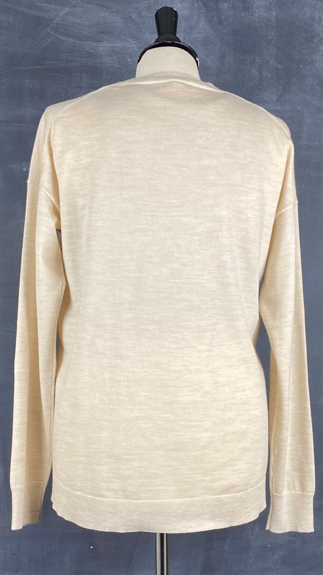 Chandail tricot avoine mélange de laine mérinos et coton, marque J.Crew, taille small. Vue de dos.
