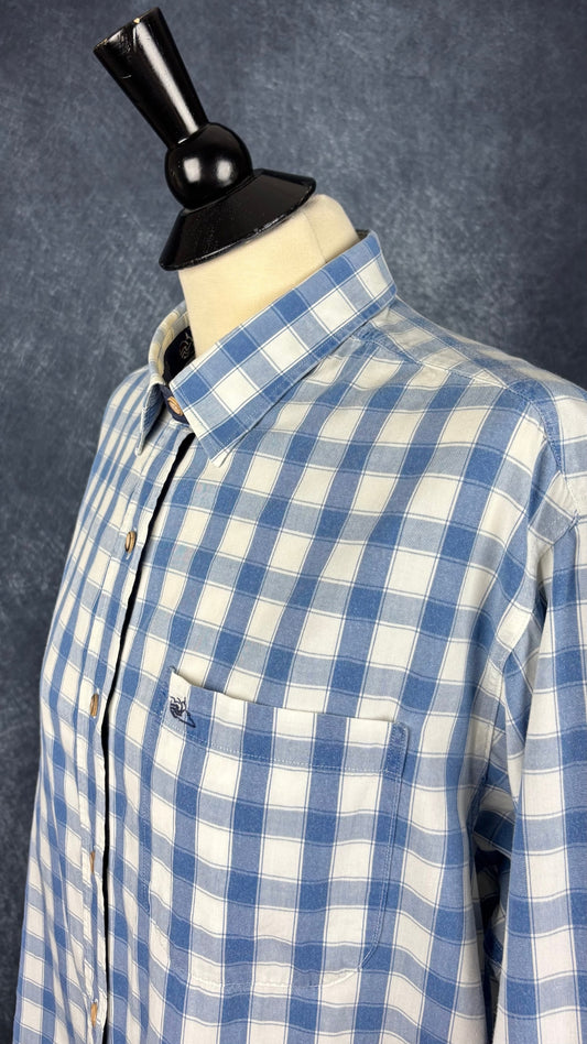 Chemisier à carreaux blanc doux et bleu denim Saint James, taille 48 (l/xl). Vue de l'encolure.
