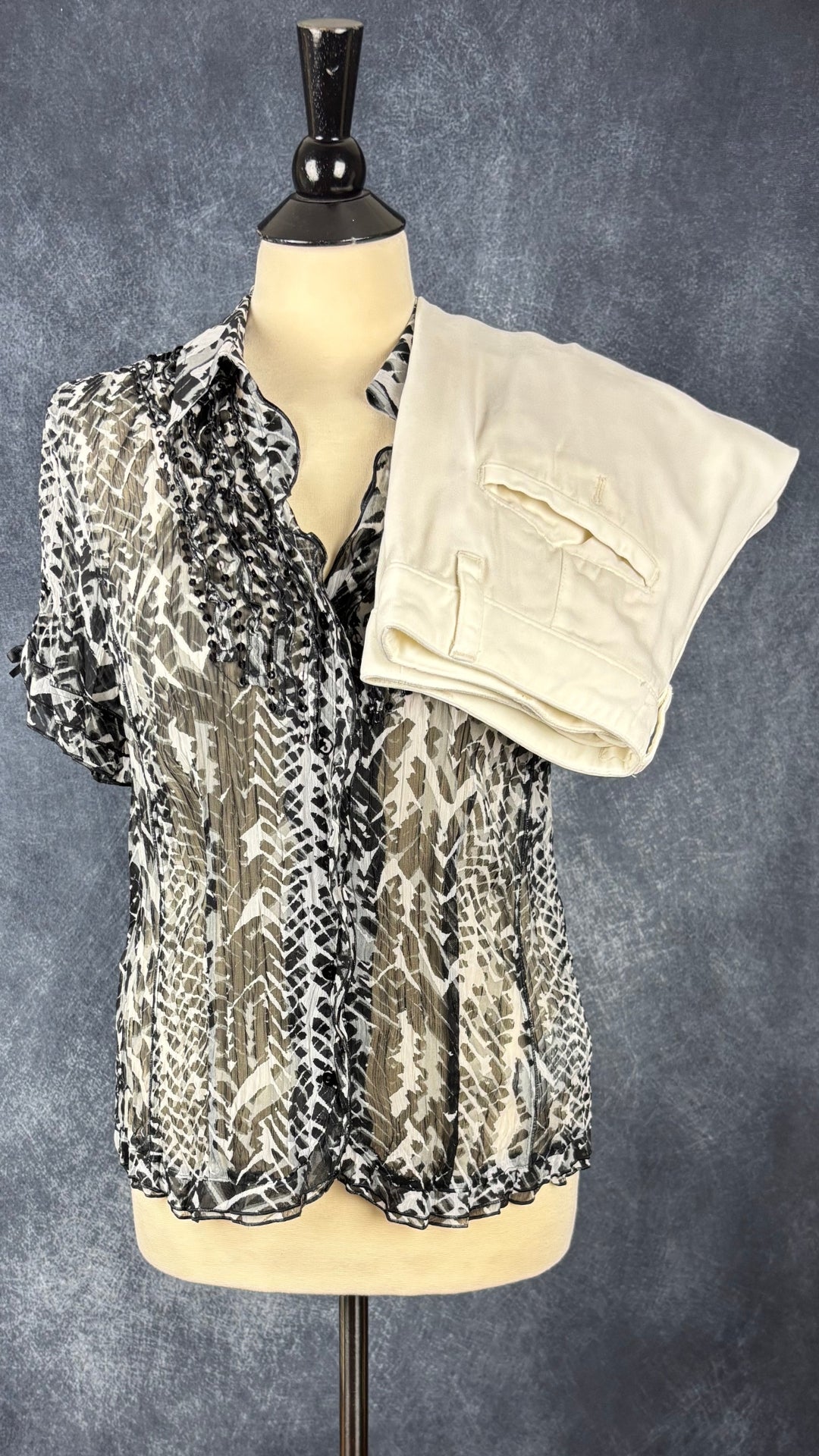 Chemisier diaphane à motif animalier Gerry Weber, taille 8. Vue de l'agencement avec le pantalon crème en mélange de lyocell Anthropologie.
