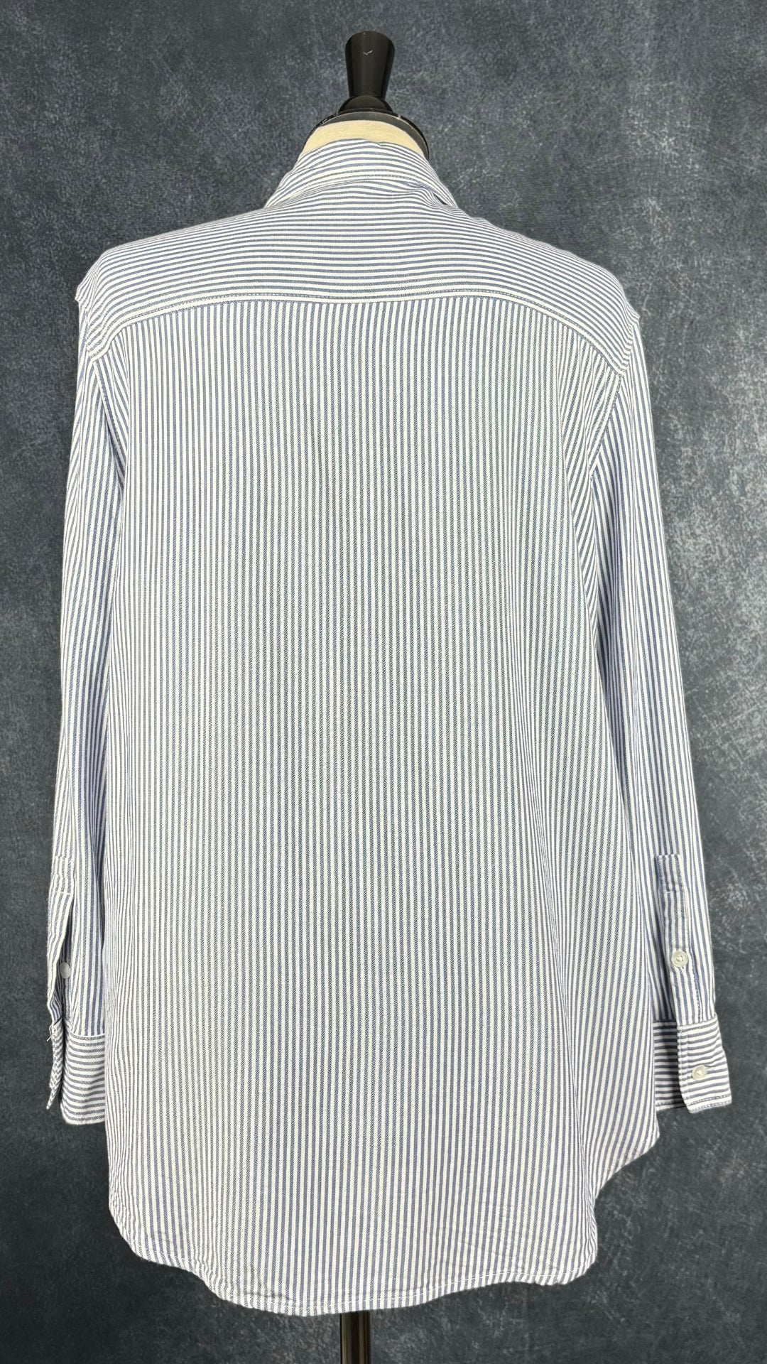 Chemisier à rayures bleues en fine flanelle Tahari, taille large. Vue de dos.