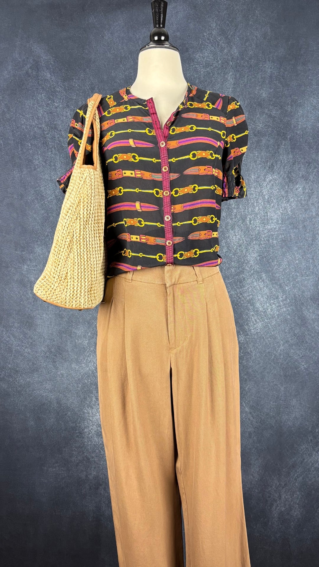 Blouse en soie à motifs de ceintures Nanette Lepore, taille 6. Vue de l'agencement avec le pantalon à pinces tan Calvin Klein.
