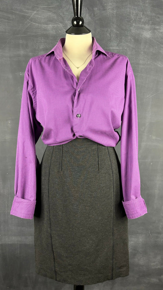 Jupe crayon grise extensible Iris Setlakwe, taille 8. Vue de l'agencement avec la chemise vichy Eton.