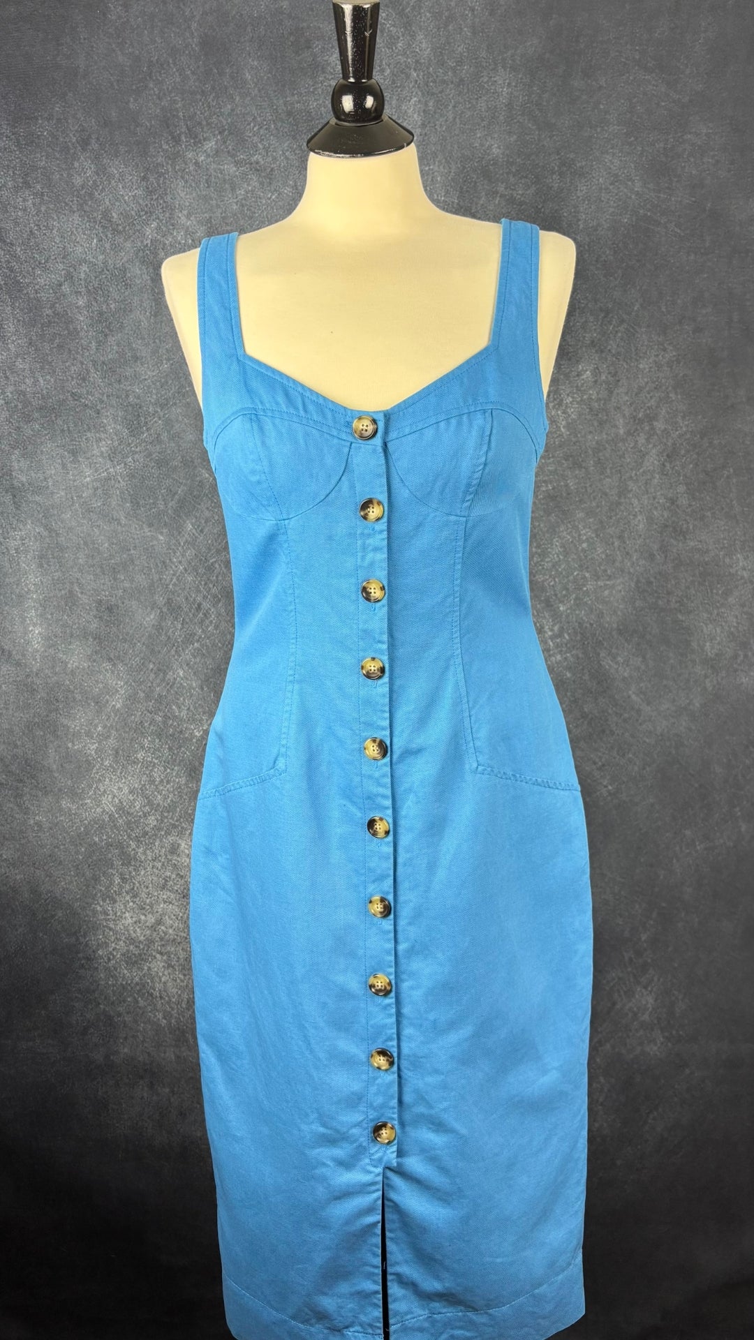 Robe bleue boutonnée style corset Cue, taille 10. Vue de face.