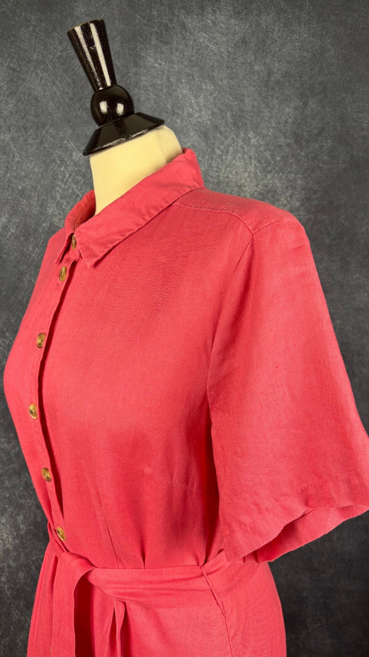 Robe chemisier midi rose corail en lin Part Two, taille 40 (m/l). Vue de l'encolure.
