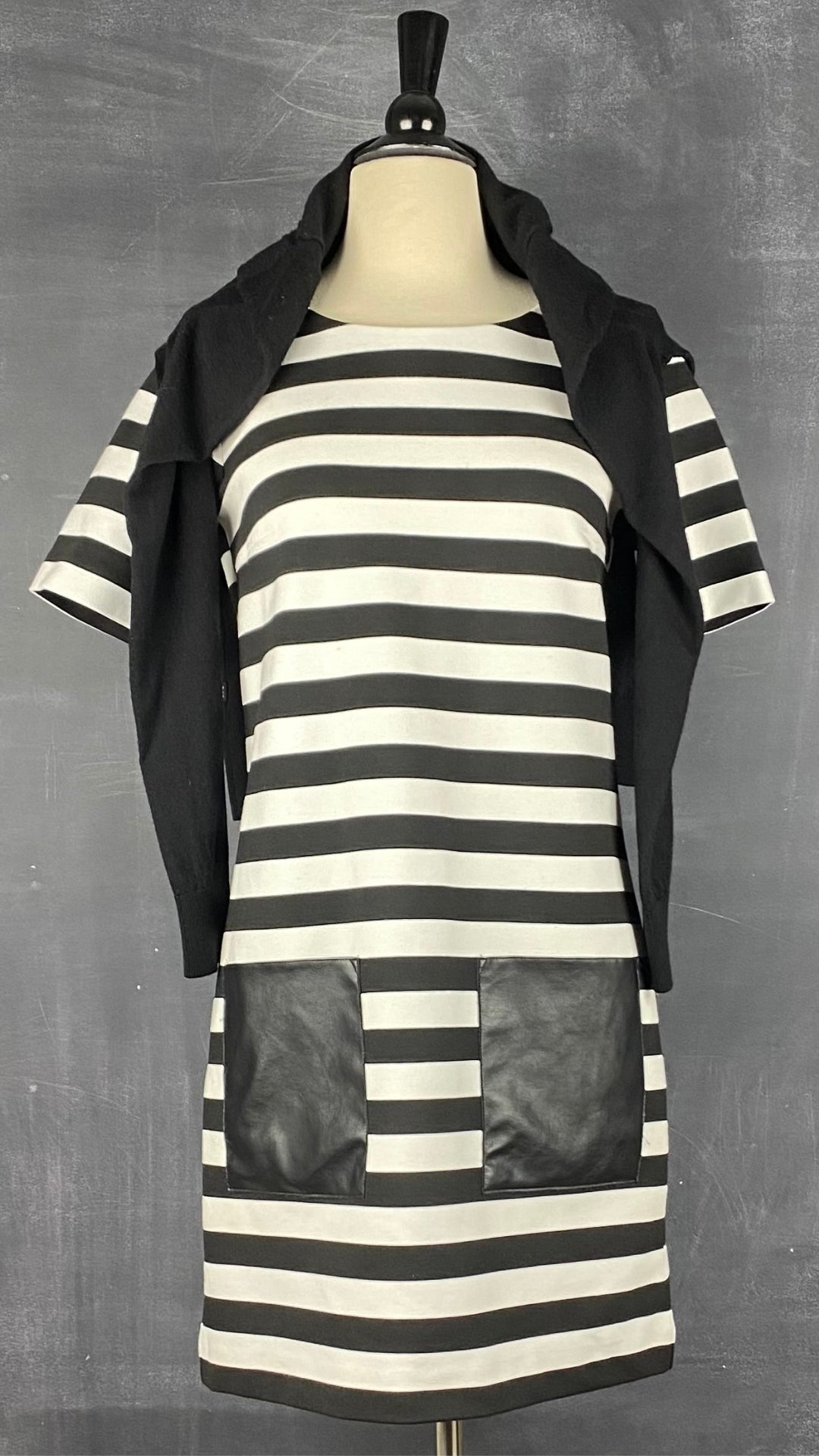 Robe droite à rayures et poches plaquées en faux cuir Club Monaco, taille 0. Vue de l'agencement avec le tricot en laine de mérinos Michael Kors.