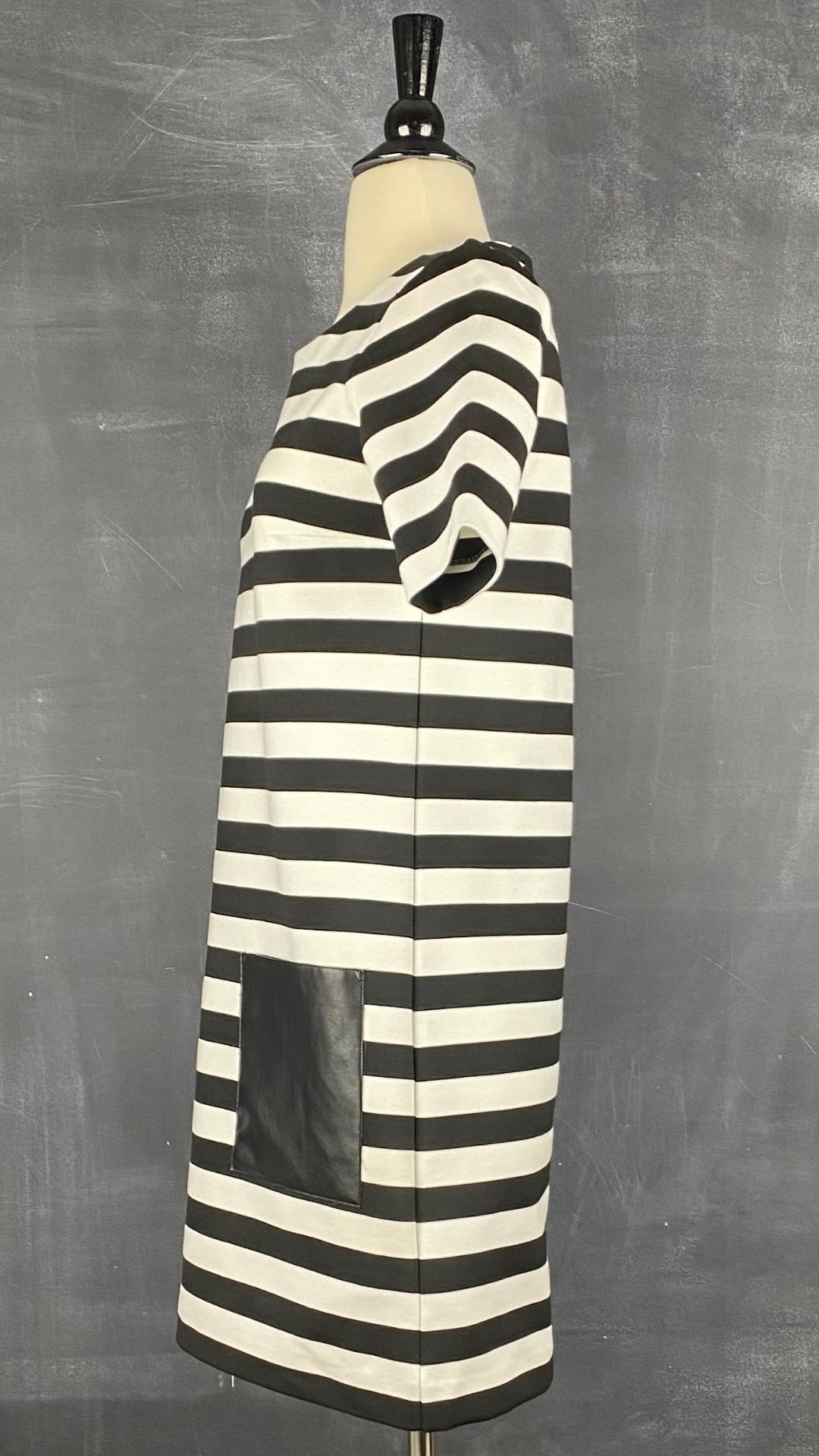Robe droite à rayures et poches plaquées en faux cuir Club Monaco, taille 0. Vue de côté.