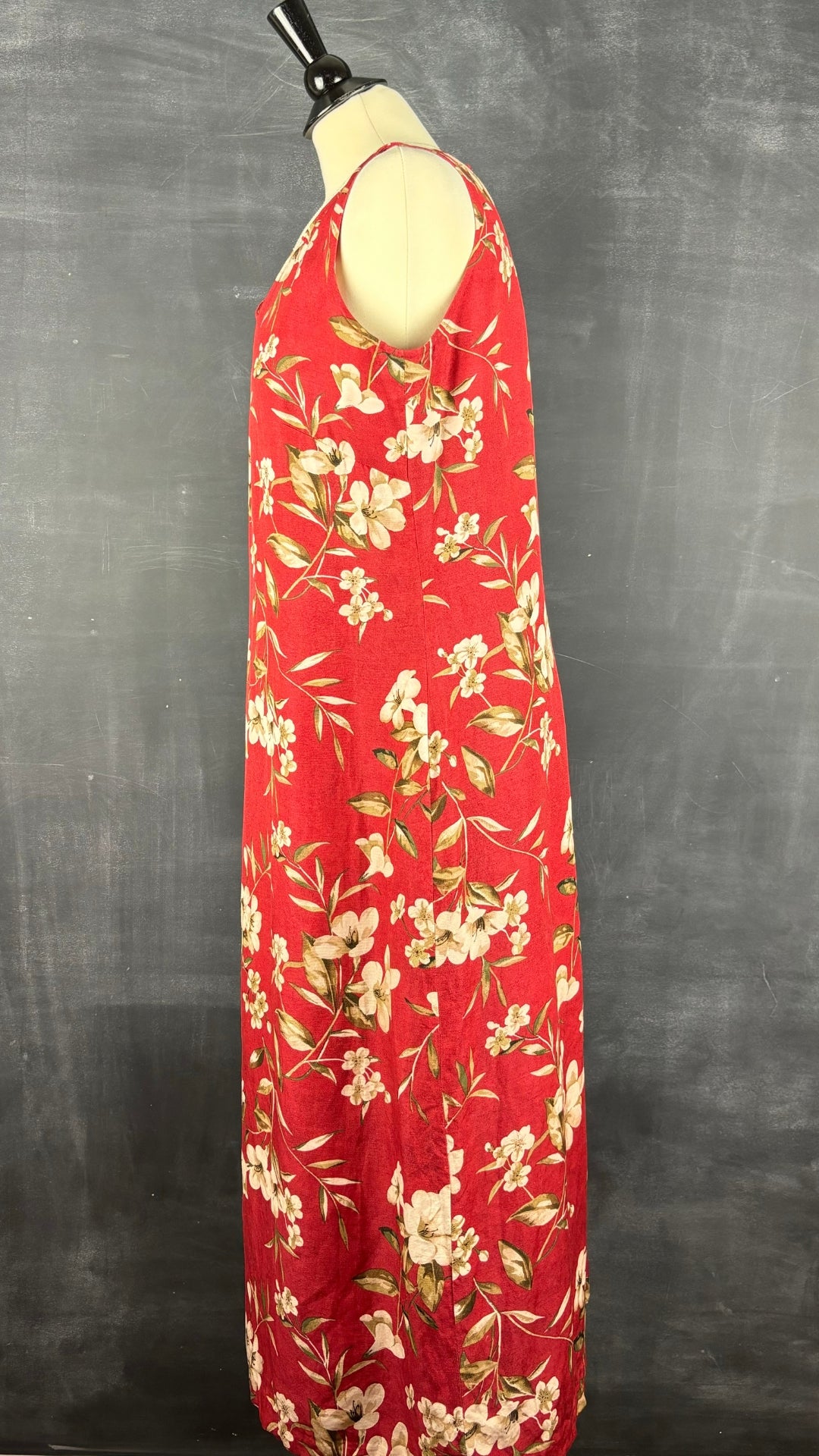 Robe florale en lin et soie vintage, taille 8 (m/l). Vue de côté.