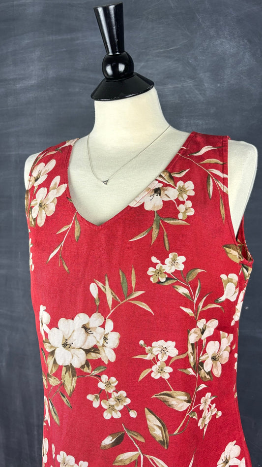 Robe florale en lin et soie vintage, taille 8 (m/l). Vue de l'encolure.