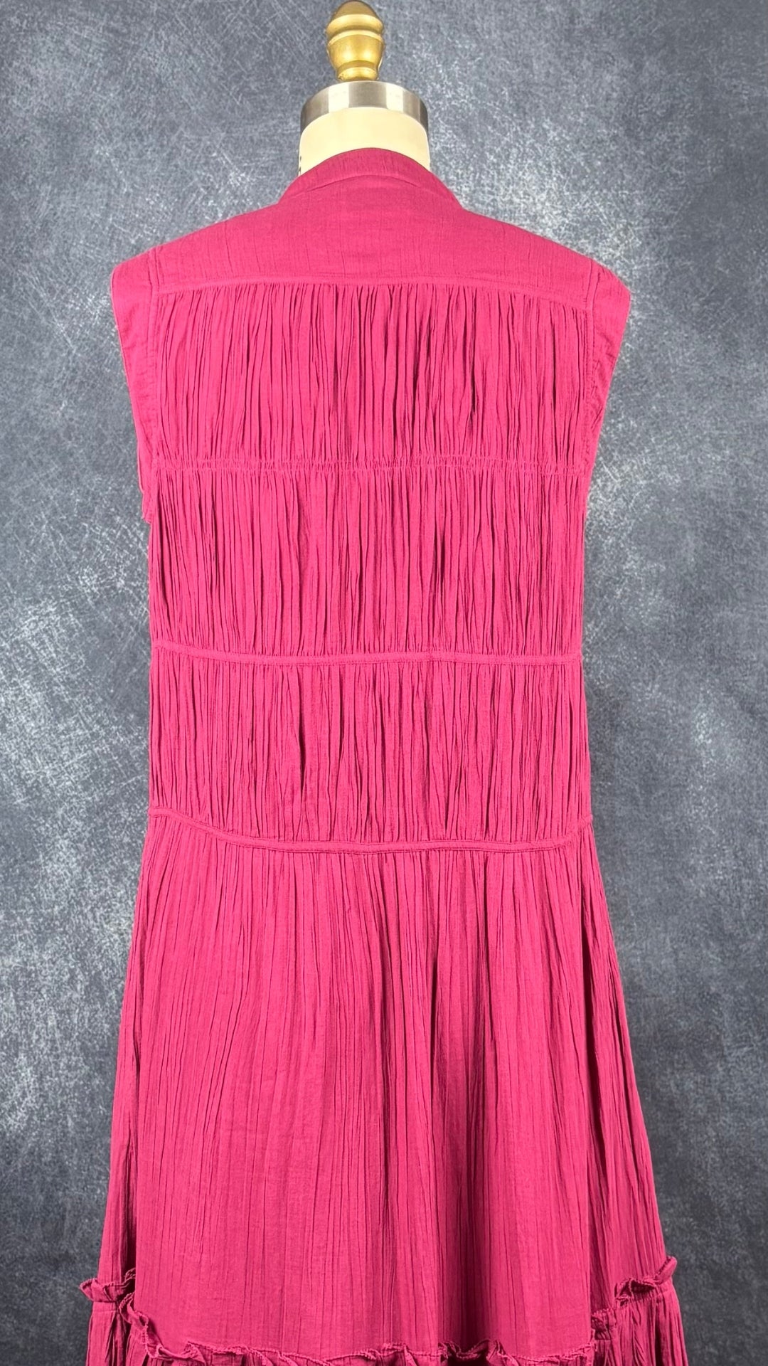 Robe longue finement plissée rose framboise Joie, taille small. Vue de dos.