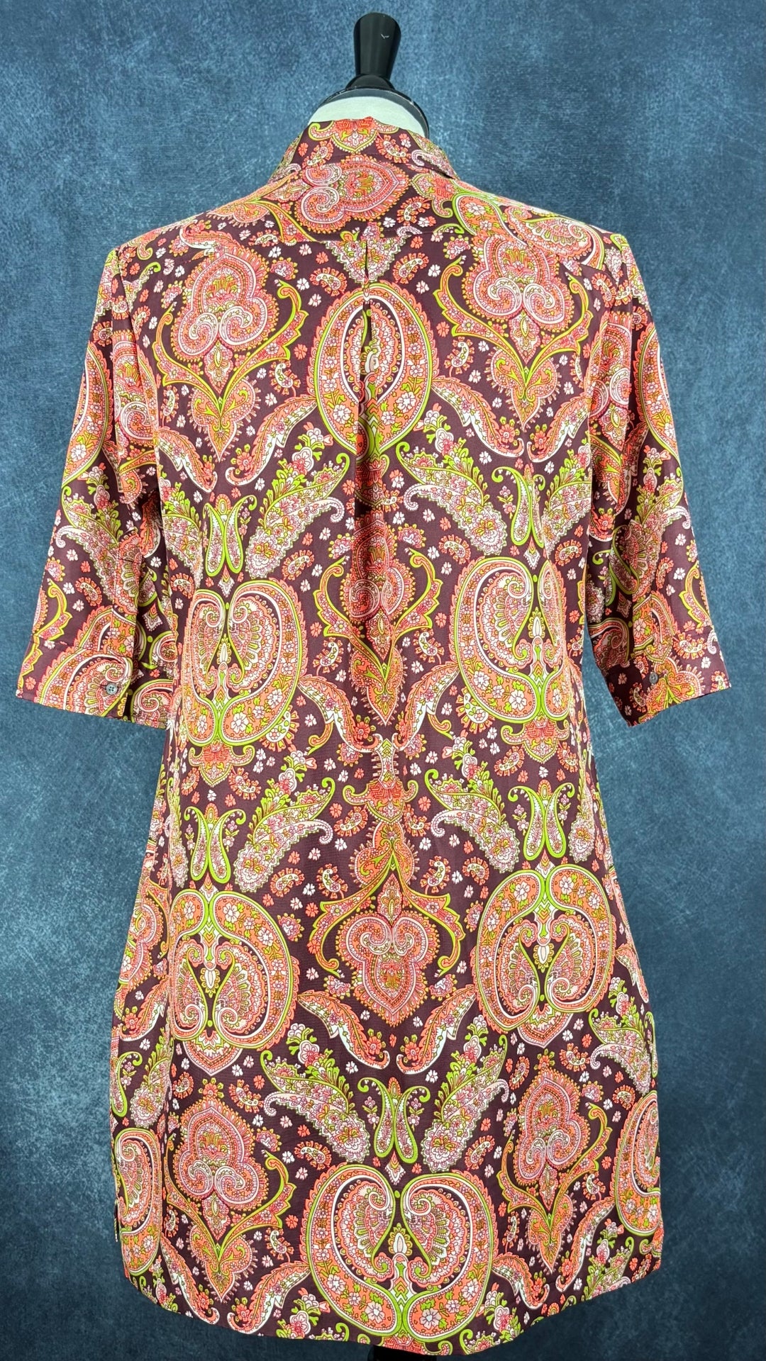 Robe à jolis motifs paisley colorés Banana Republic, taille 10 petite. Vue de dos.