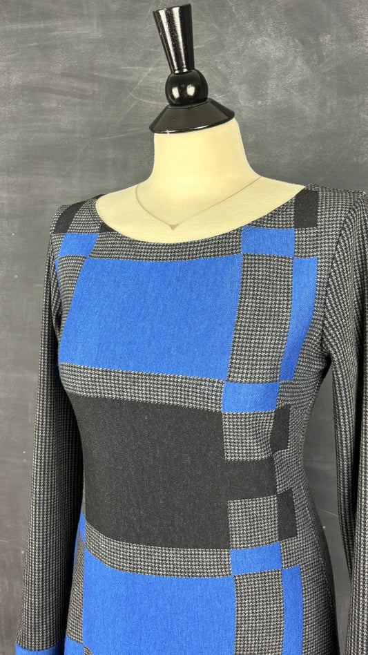 Robe pied de poule et rectangles Luc Fontaine, taille medium (s). Vue de l'encolure.