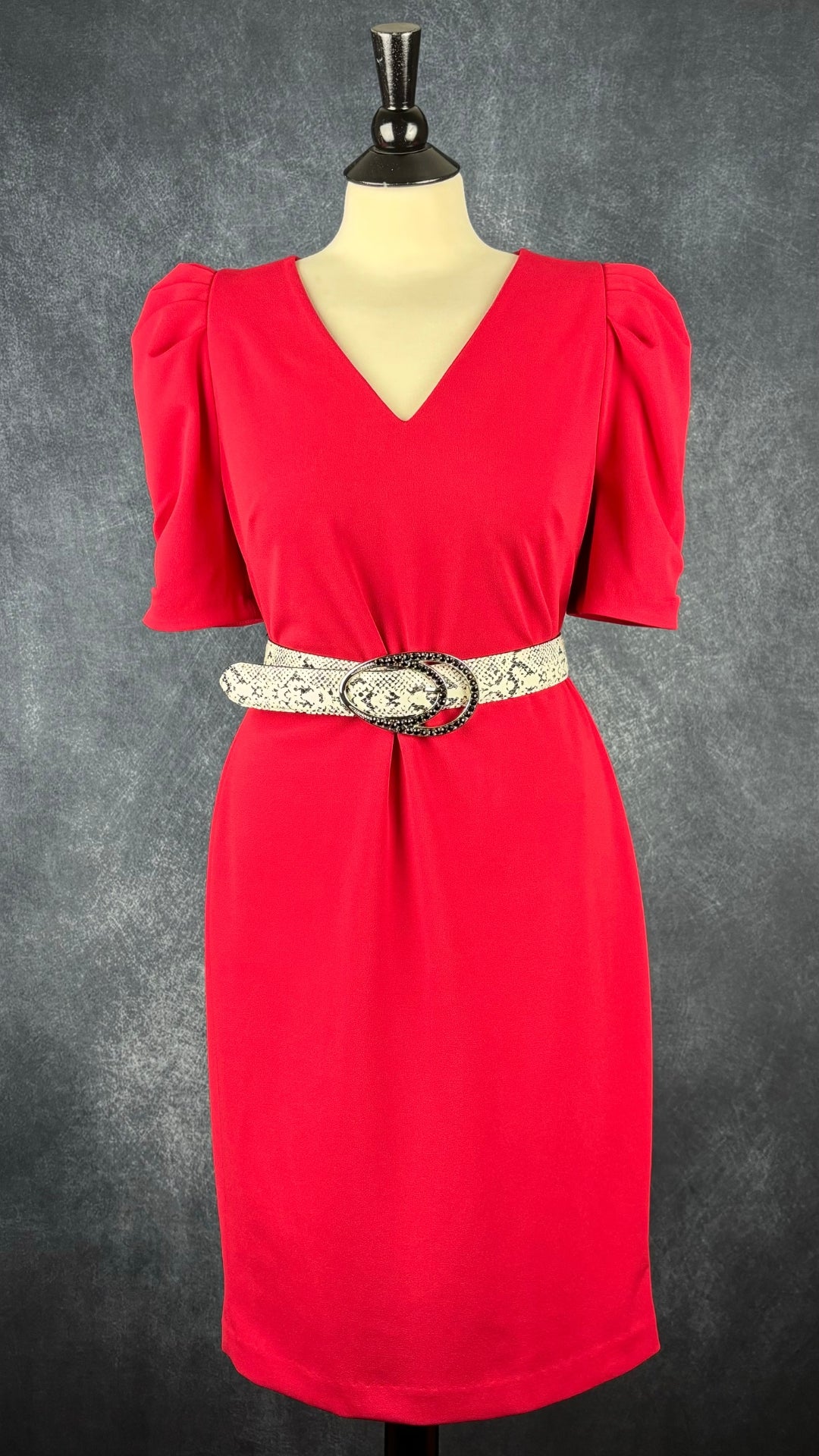 Robe rouge manche gigot Calvin Klein, taille 10. Vue de l'agencement avec la ceinture à motifs animaliers.