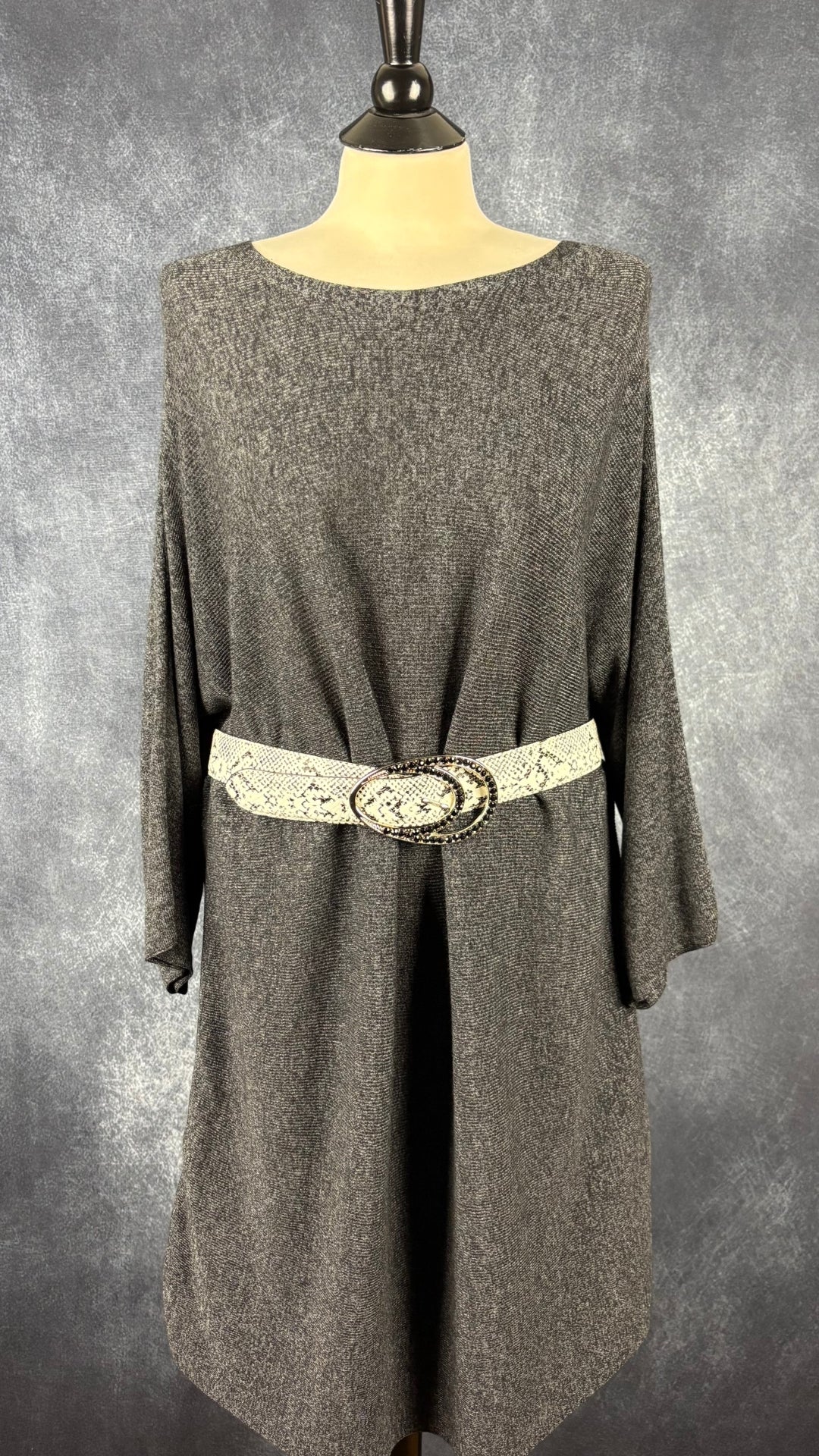 Robe tunique en tricot Eileen Fisher en Tencel et laine mérinos, taille estimée à large. Vue de l'agencement avec la ceinture à motif animalier.