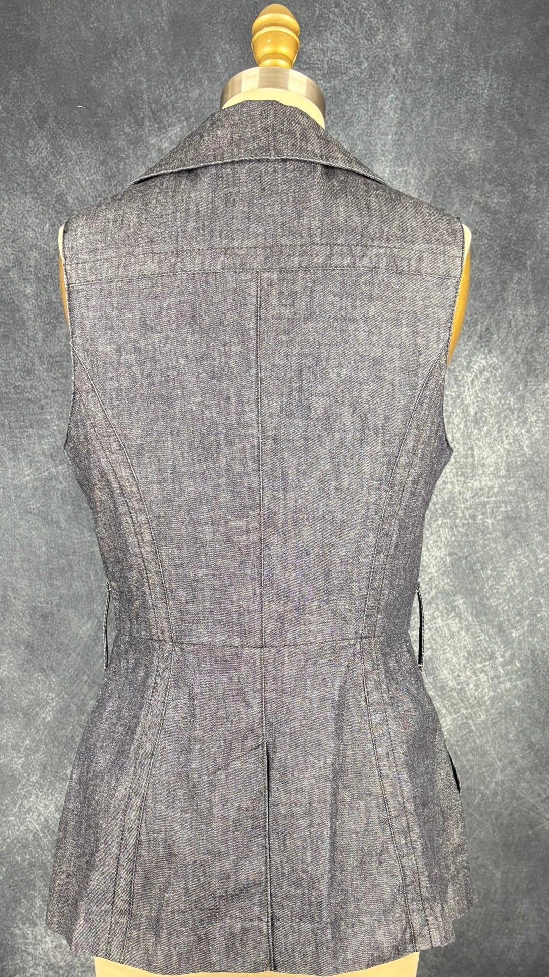 Veste sans manches en denim col tailleur Iris Setlakwe, taille 8. Vue de dos.