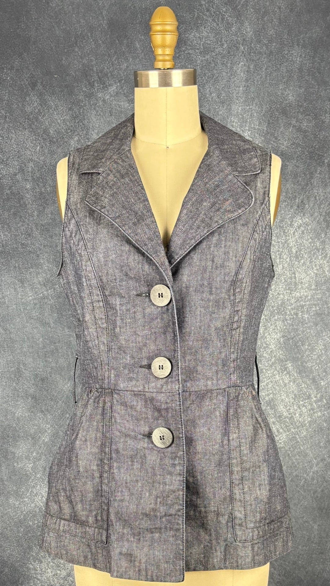 Veste sans manches en denim col tailleur Iris Setlakwe, taille 8. Vue de face.