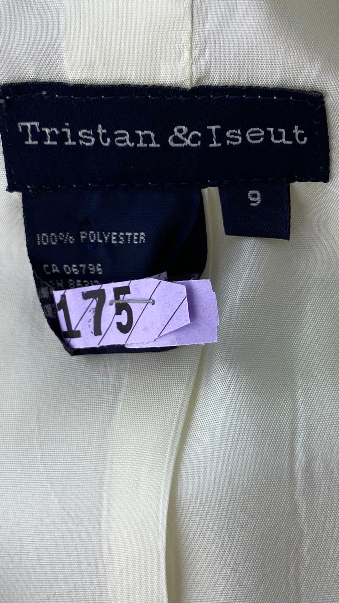 Blazer estival crème Tristan & Iseut, taille 9 (medium). Vue de l'étiquette de marque, taille, composition.
