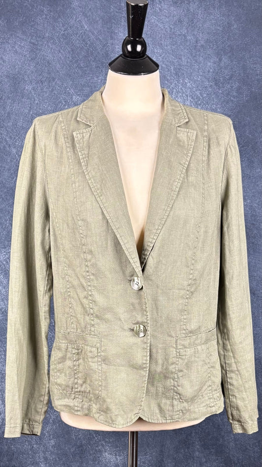Blazer en lin décontracté olive Olsen, taille 10 (m). Vue de face.