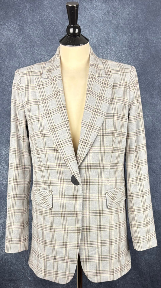 Blazer à grands carreaux bleu-gris long Tristan, taille 6. Vue de face.