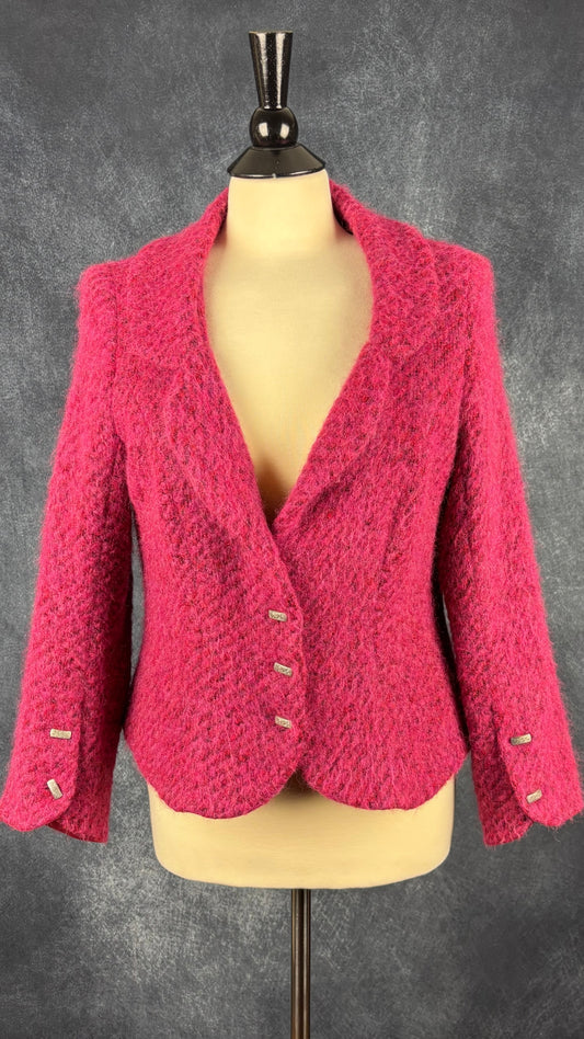 Blazer luxueux magnifique rose framboise en mélange de laine Isabelle Elie Boutique, taille large (m). Vue de face.