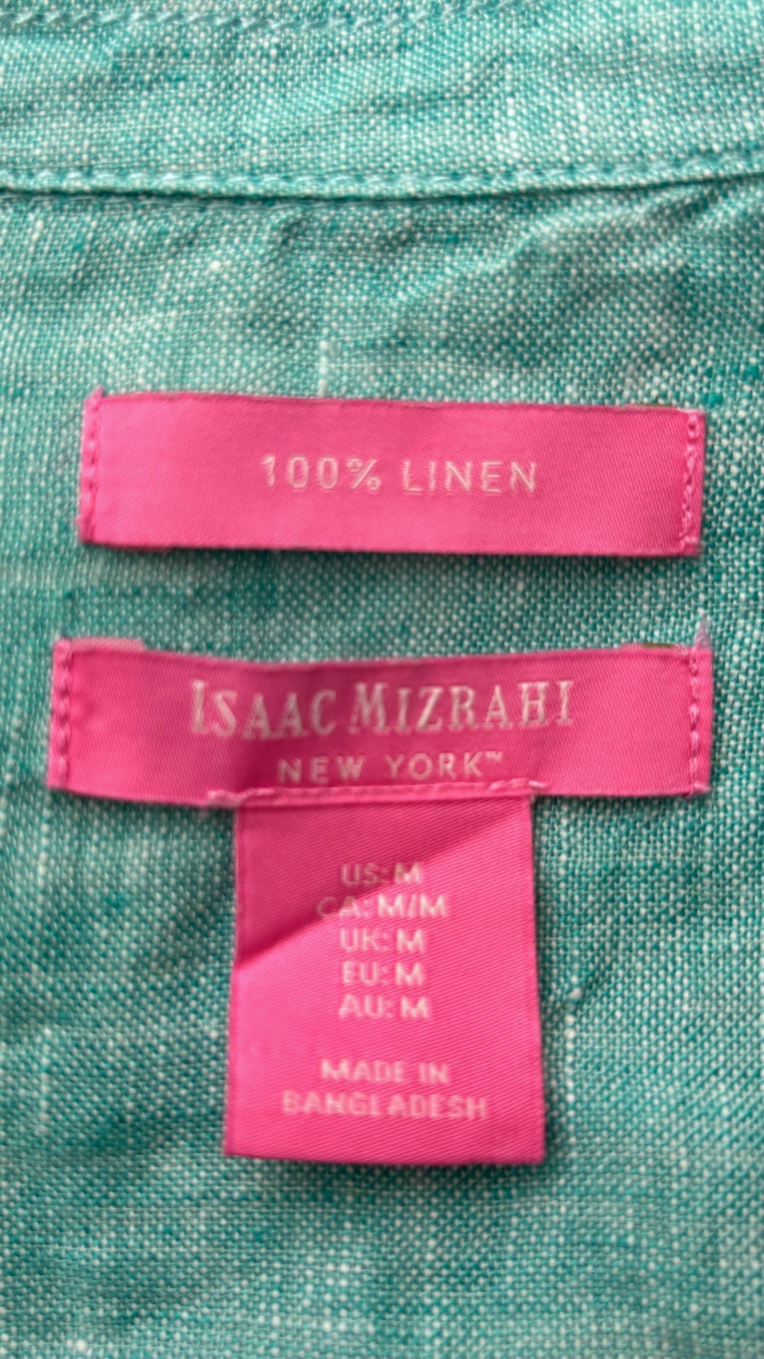 Blouse en lin turquoise Isaac Mizrahi, taille medium. Vue de l'étiquette.