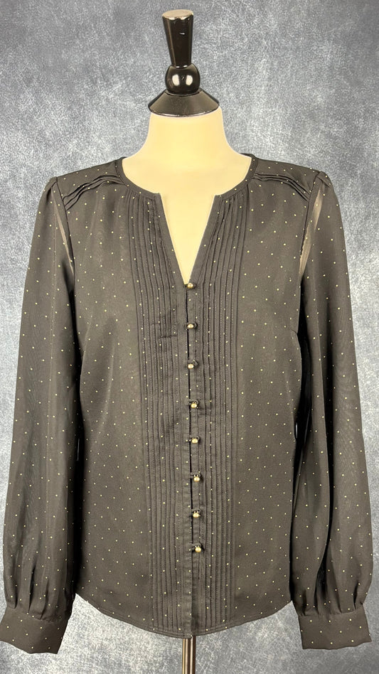 Blouse noire vaporeuse à pois dorés Redoute Création, taille 10 (medium). Vue de face.