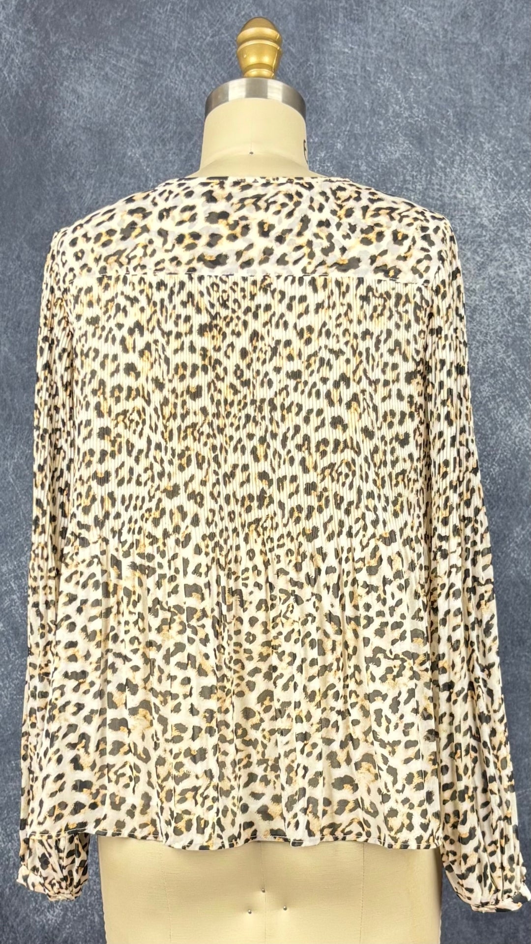 Blouse plissée à motif léopard Banana Republic, taille small. Vue de dos.