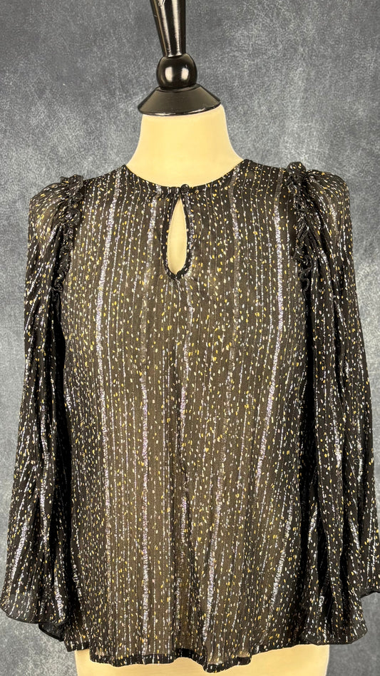 Blouse translucide à motifs argent et or InWear, taille 10. Vue de face.