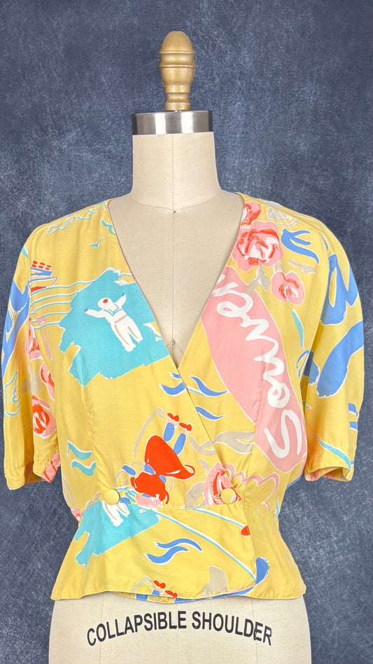 Blouse vintage jaune doux et motifs estivaux Gerard Darel, taille 36 (small). Vue de face.
