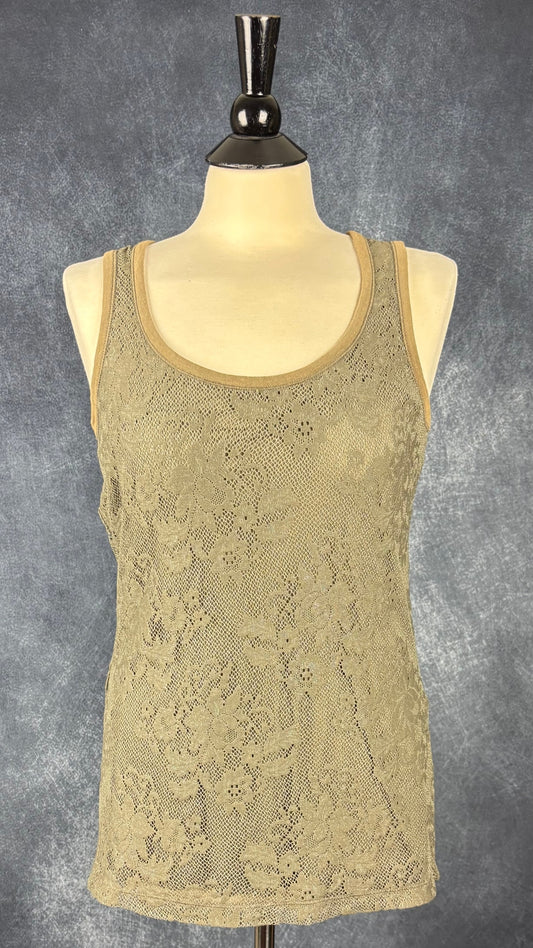 Camisole kaki en dentelle étincelante Luisa Cerano, taille 8. Vue de face.