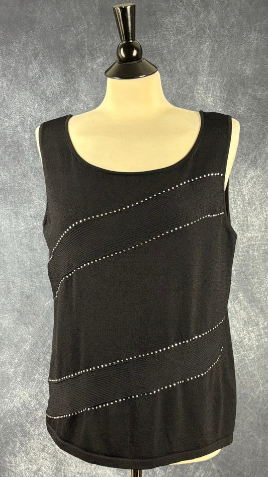 Camisole noire en fin tricot avec insertion strass Franco Valeri, taille l/xl. Vue de face.