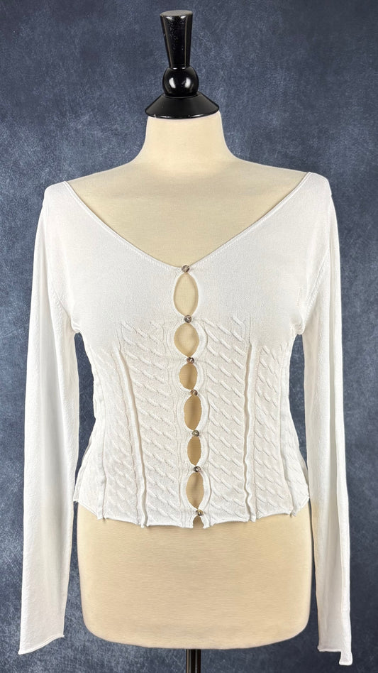 Cardigan ajouré crème Sarah Pacini, one size (xs à m). Vue de face.