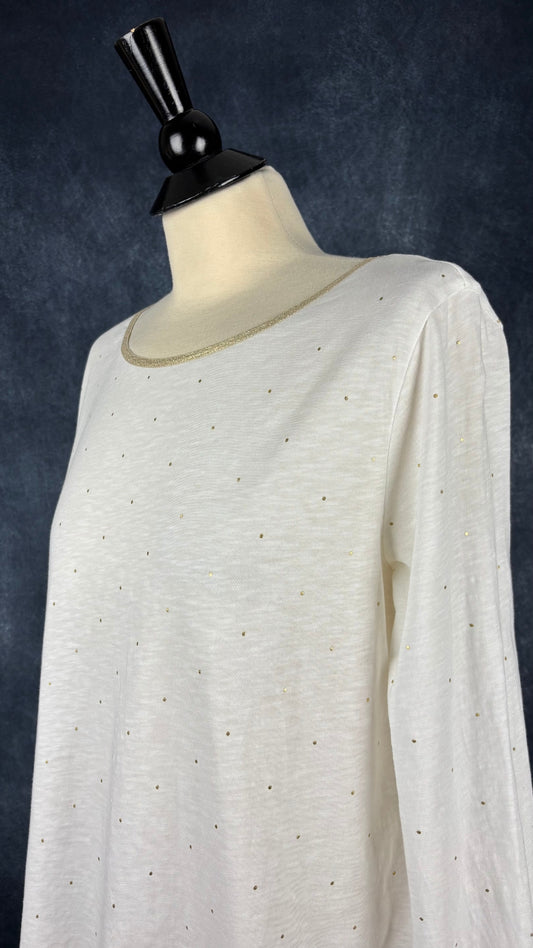 Chandail crème à pois dorés Des Petits Hauts, taille m/l. Vue de l'encolure.