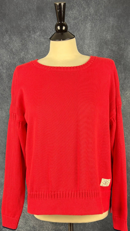 Chandail en doux tricot de coton Joules (marine ou rouge clair), taille 10 (large/xl). Vue de face, en rouge clair.
