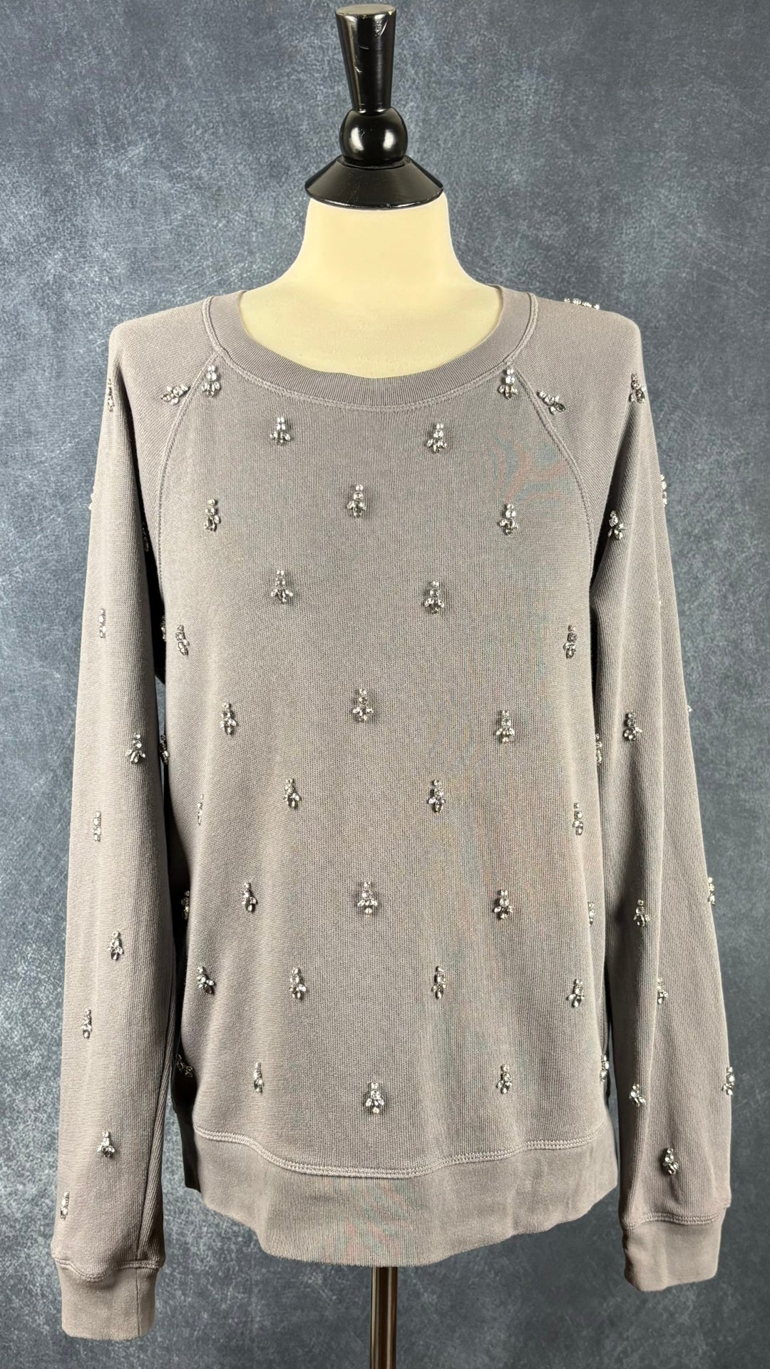 Chandail raglan gris orné de bijoux J.Crew, taille large. Vue de face.