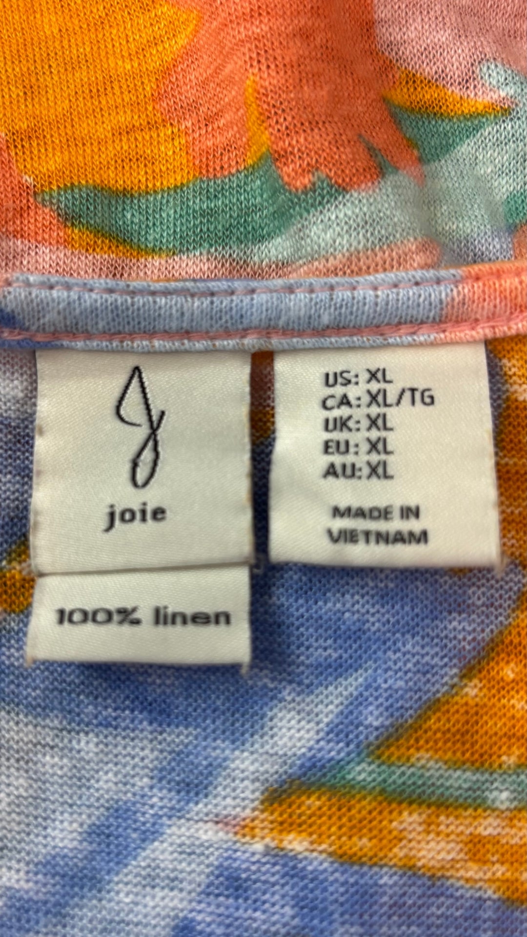 Chandail en lin coloré avec large col baveux Joie, taille xl (peut aussi convenir à large). Vue de l'étiquette.