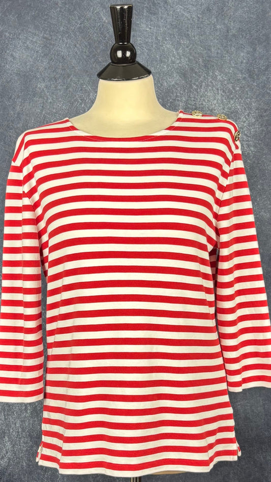 Chandail marinière rouge et blanc à boutons dorés Oui, taille 10 (m/l). Vue de face.