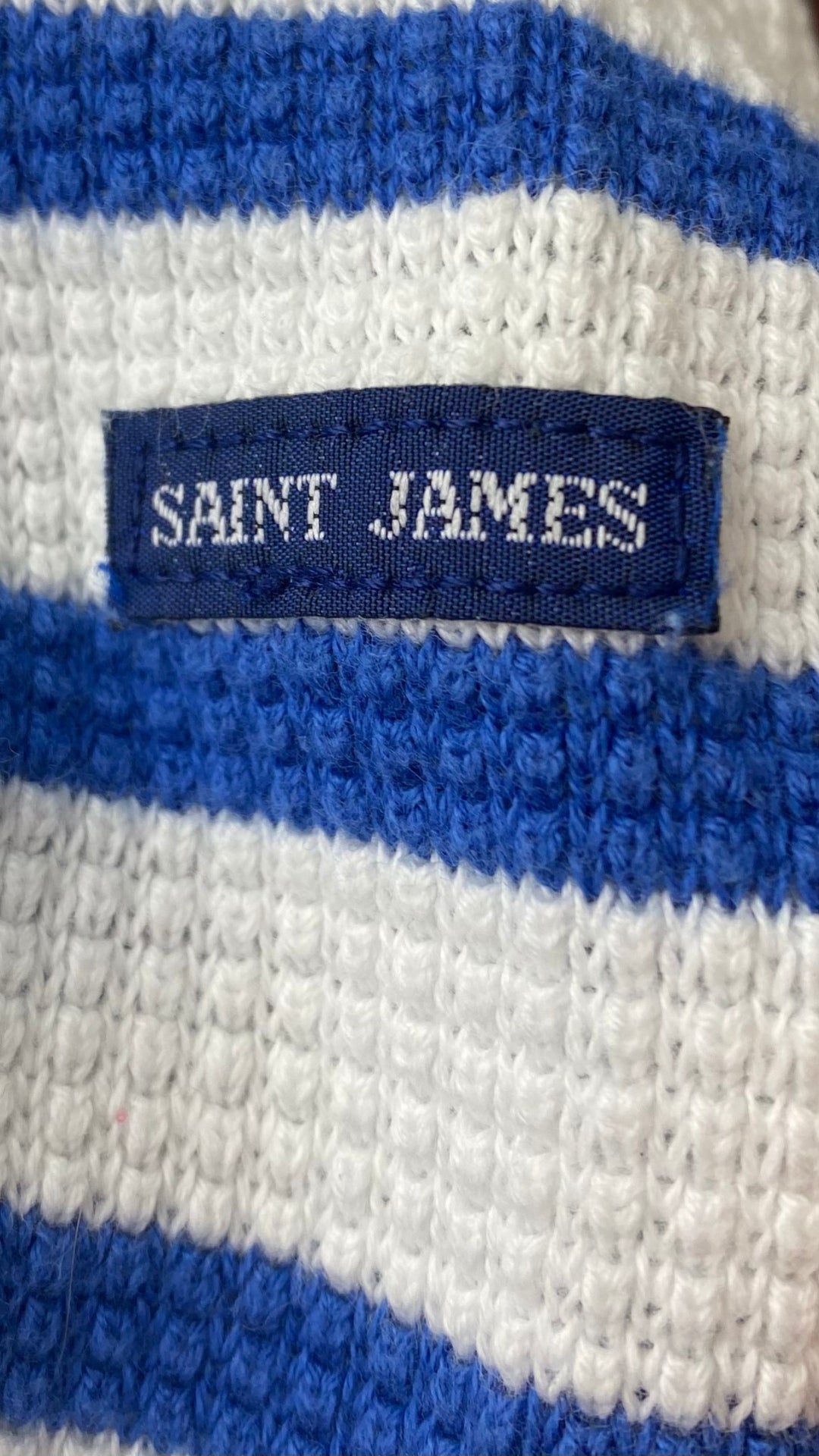 Chandail marinière en tricot de coton à rayures bleues Saint James, taille 6 (small). Vue du détail sur la manche.