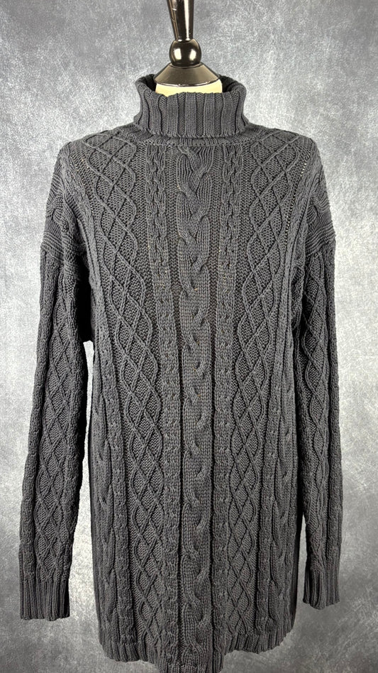 Chandail tunique en tricot de coton torsadé marine à col roulé Ça va de soi, taille medium. Vue de face.
