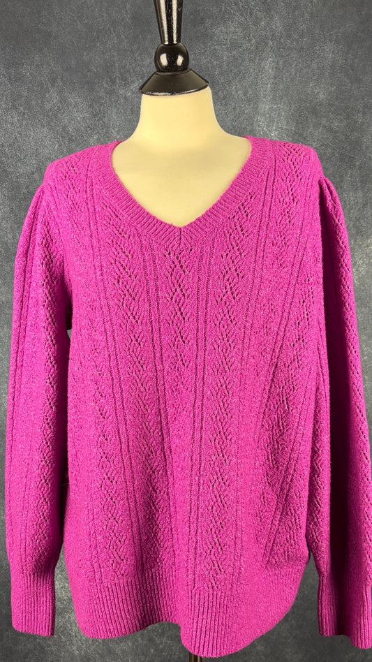 Chandail en tricot rose-mauve à col en V Joie, taille 2X (xl). Vue de face.