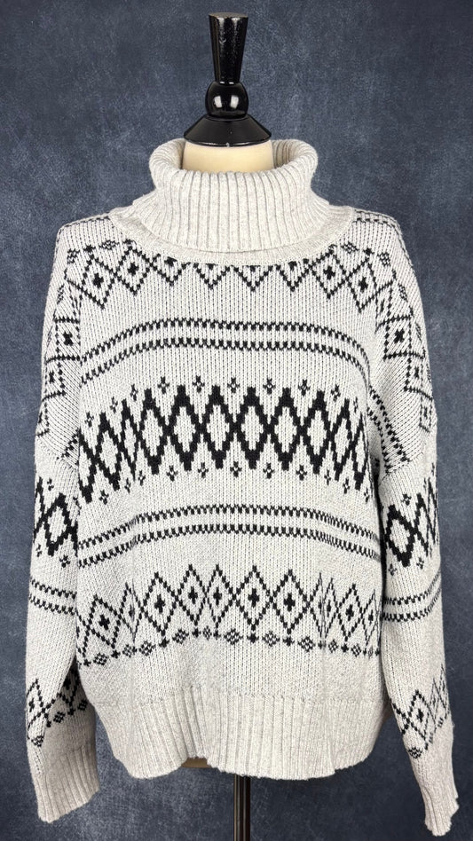 Chandail en tricot douillet à motifs à col roulé Joie, taille xl. Vue de face.