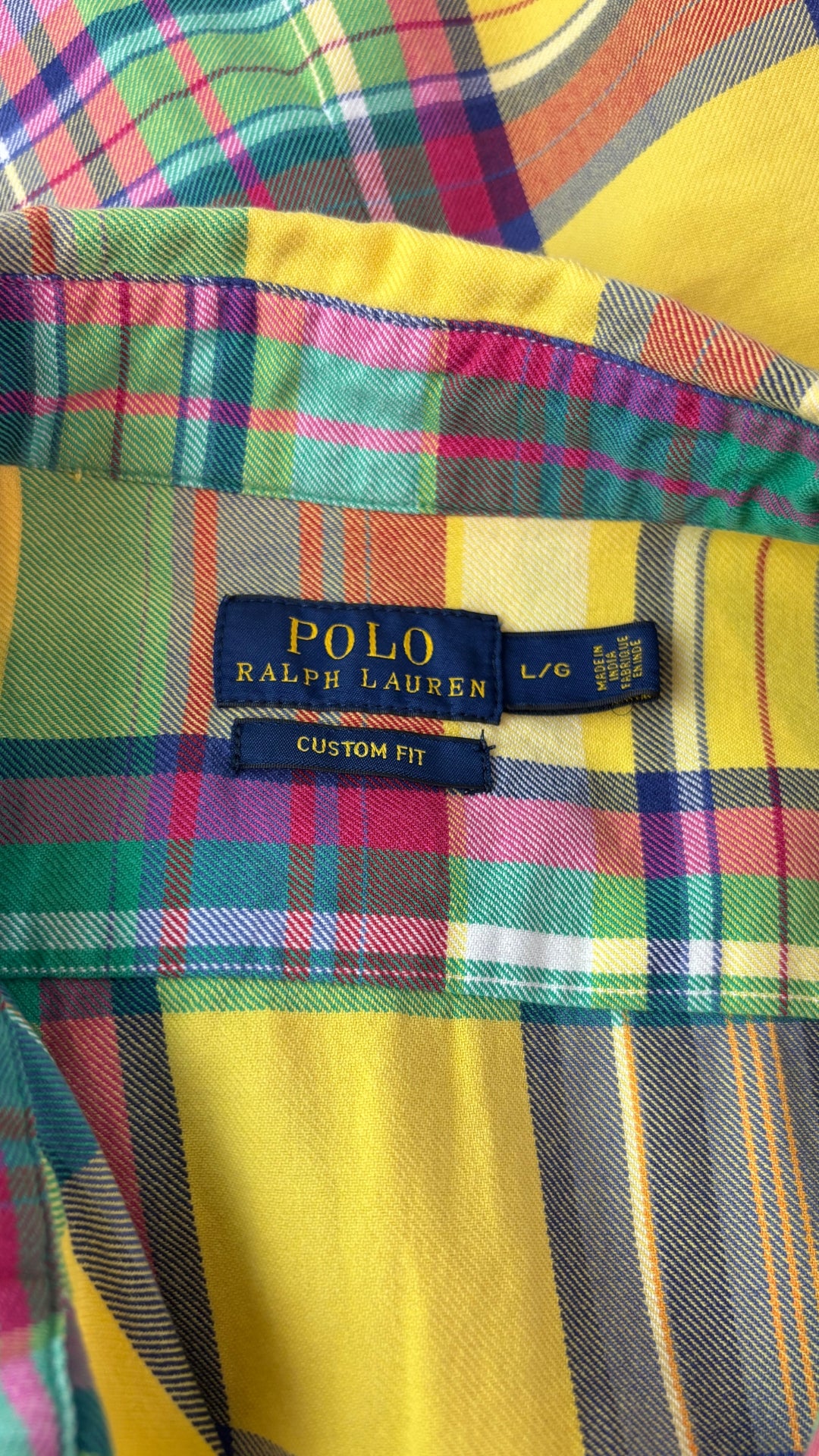 Chemisier à carreaux colorés en fine flanelle Polo Ralph Lauren, taille large. Vue de l'étiquette.
