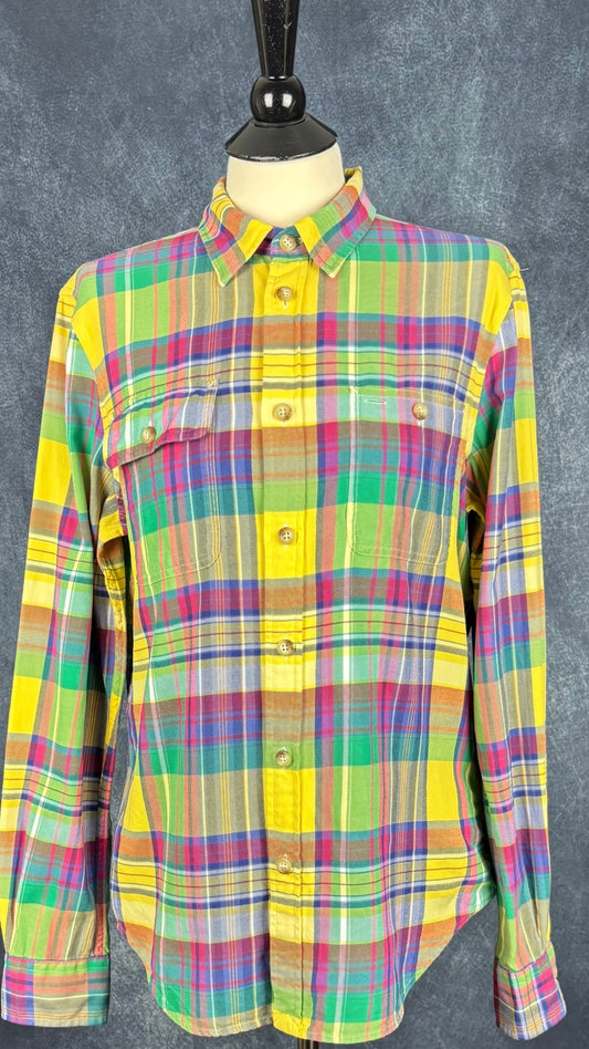 Chemisier à carreaux colorés en fine flanelle Polo Ralph Lauren, taille large. Vue de face.