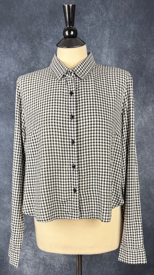 Chemisier à carreaux vichy en modal et soie Meemoza, taille large (peut aussi faire medium). Vue de face.